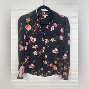 Candie’s Black Floral Button Front V-neck Business Casual Top XS Women’s EUC